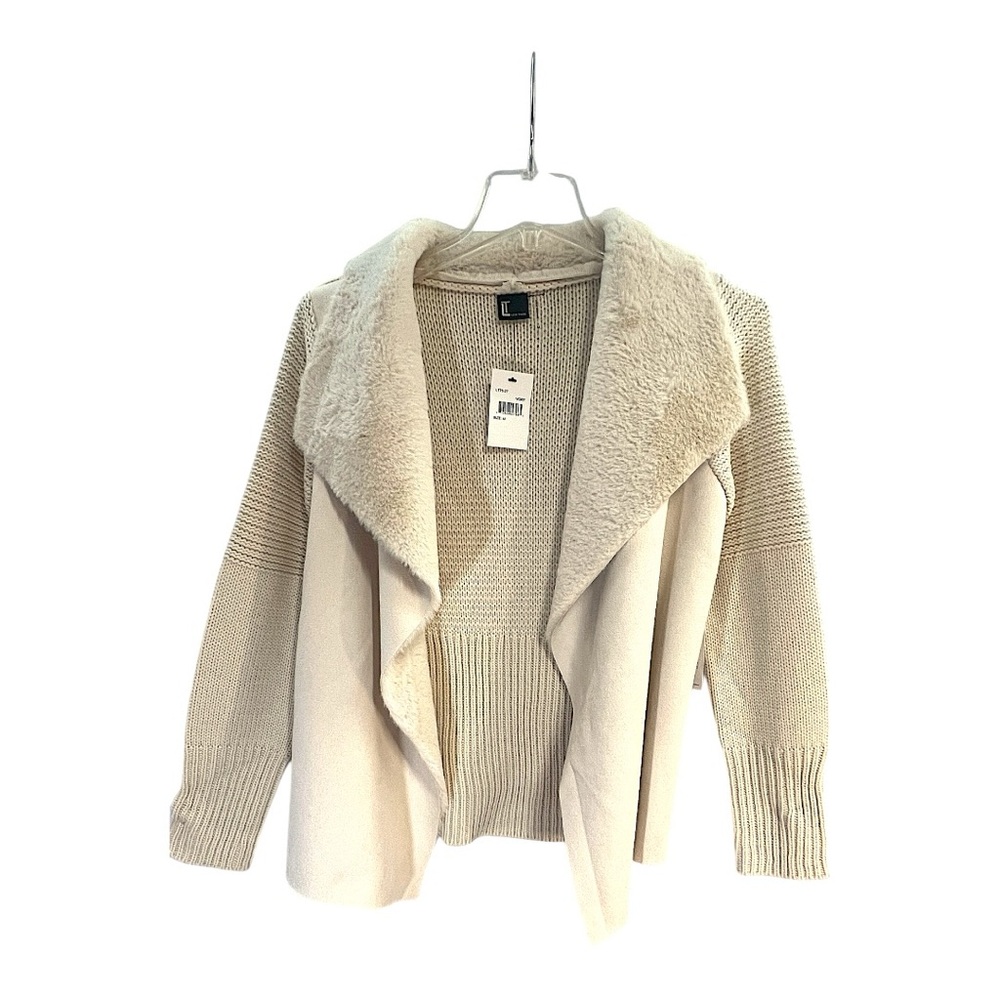 LOVE TOKEN Faux Suede Open Cream Sweater/Cardigan in knitted design NWT SZ MED - Picture 10 of 16